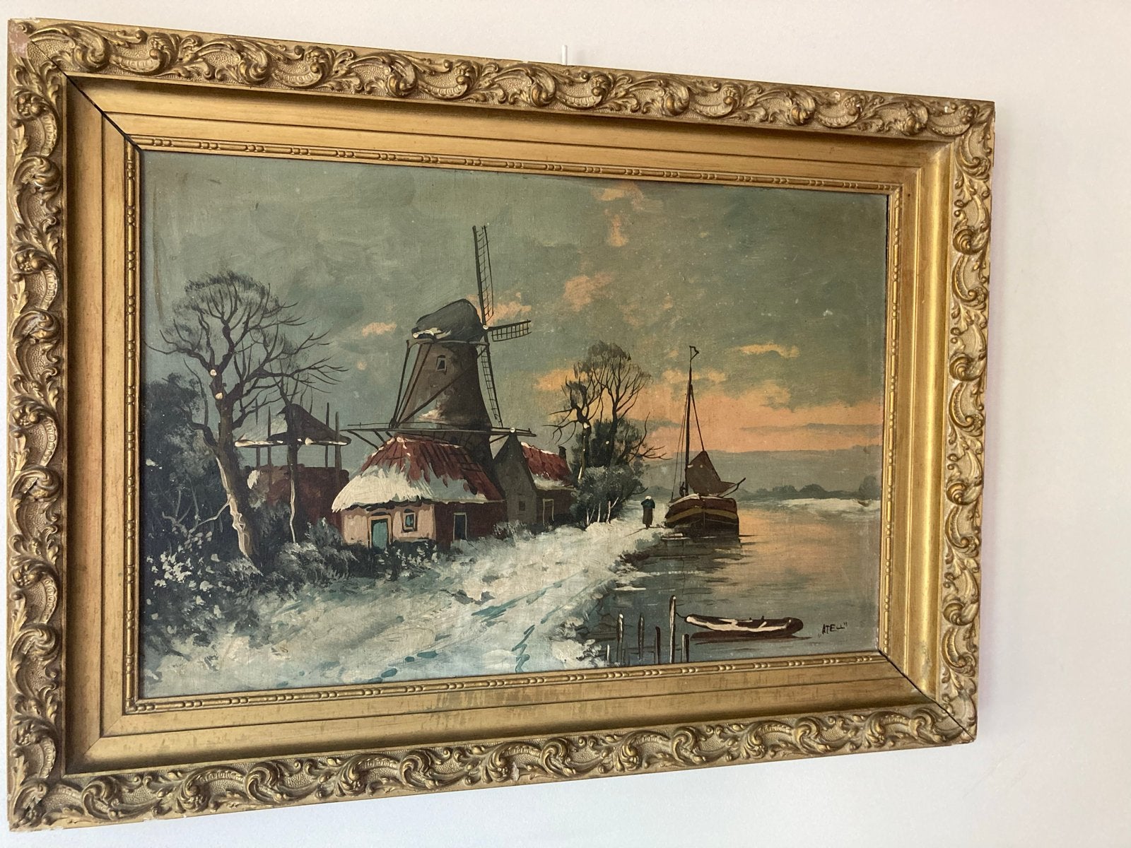 Oud Hollands Winterlandschap met Molen en Schip, Antiek en Kunst, Doek, Oud hollands, Ophalen of Verzenden, Gesigneerd