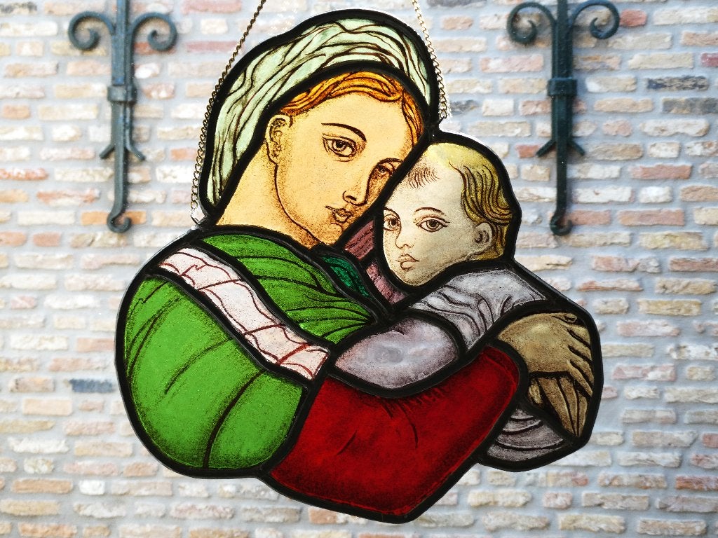 Glas in lood Icoon fragment Madonna Jezus naar Raffaello, Ophalen of Verzenden