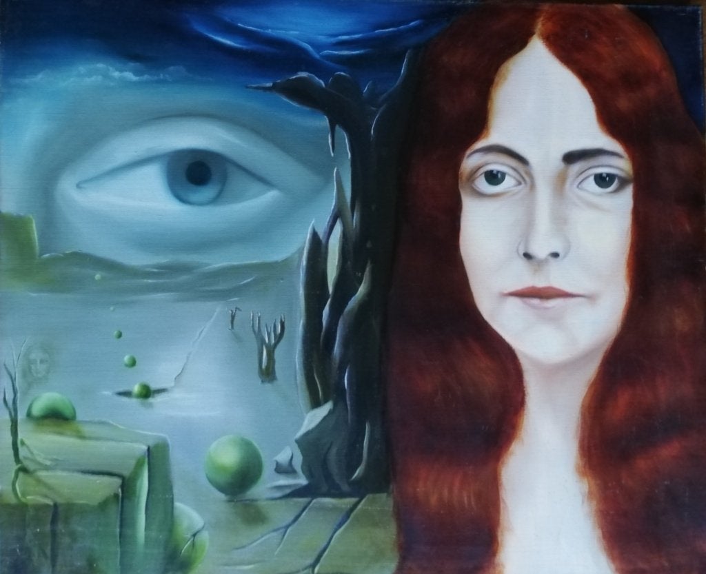 Schilderij vrouw met oog - schilder RK, Ophalen, Olieverf, Overig onderwerp