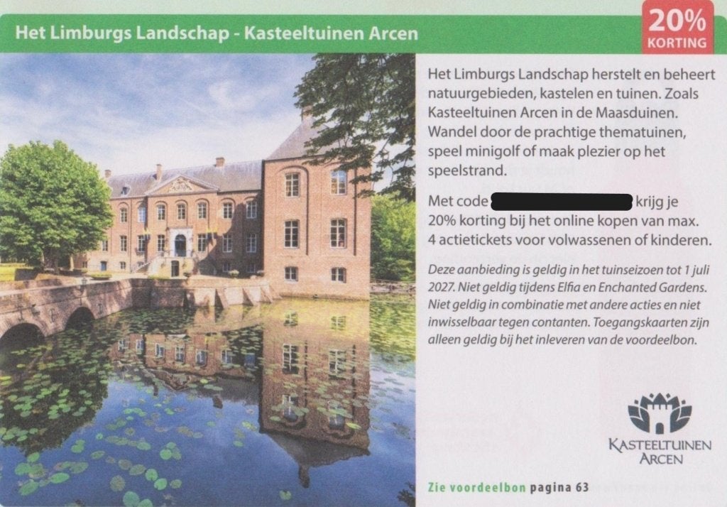 Het Limburgs Landschap - Kasteeltuinen Arcen. 20% korting., Drie personen of meer, Kortingskaart