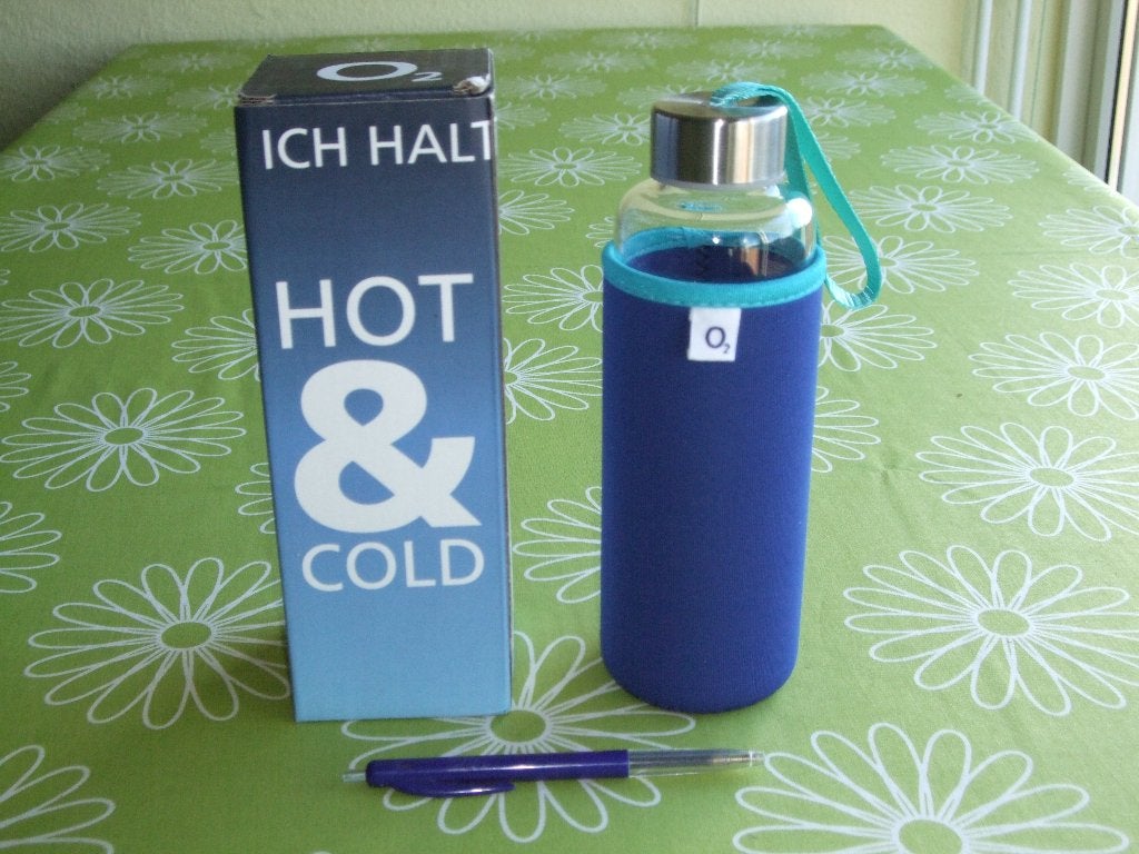 Nieuw in doosje: Glazen drinkfles - Hot & Cold - van O2, Thermoskan, Nieuw, Ophalen of Verzenden, Glas