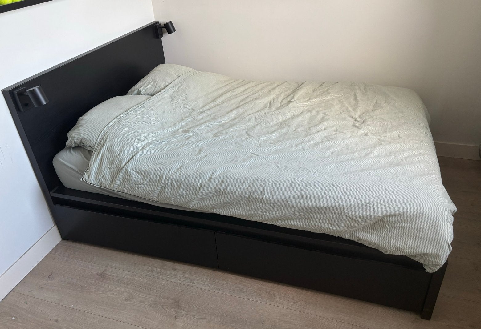 Malm bed 140x200 met lades, lampjes en USB-opladers, Huis en Inrichting, Slaapkamer | Bedden, Ophalen, Gebruikt, Zwart, Tweepersoons