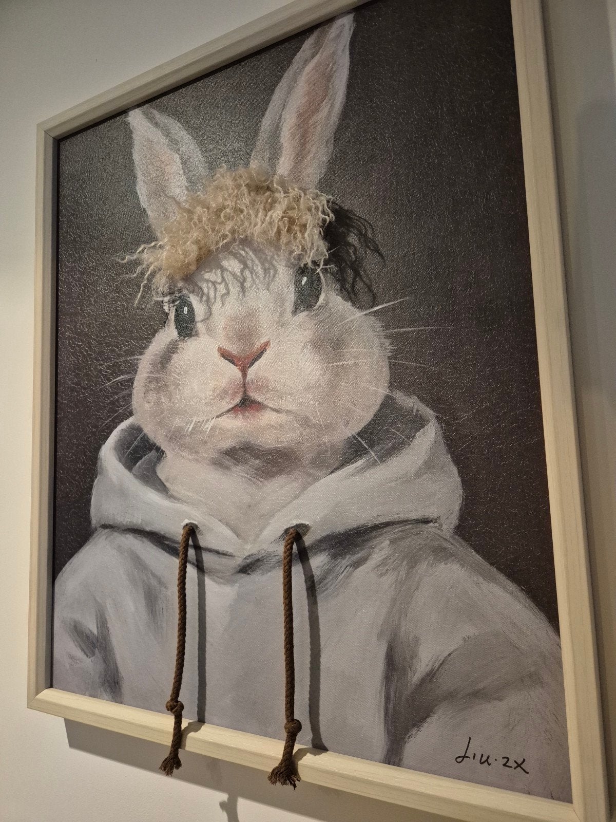 Bijzonder schilderij konijn met aaibaar haar – houten lijst, Ophalen of Verzenden
