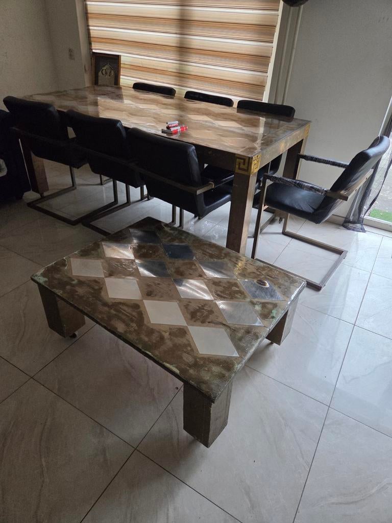 Eettafel met 8 stoelen en salontafel, Ophalen of Verzenden, Gebruikt, Rechthoekig, Overige materialen