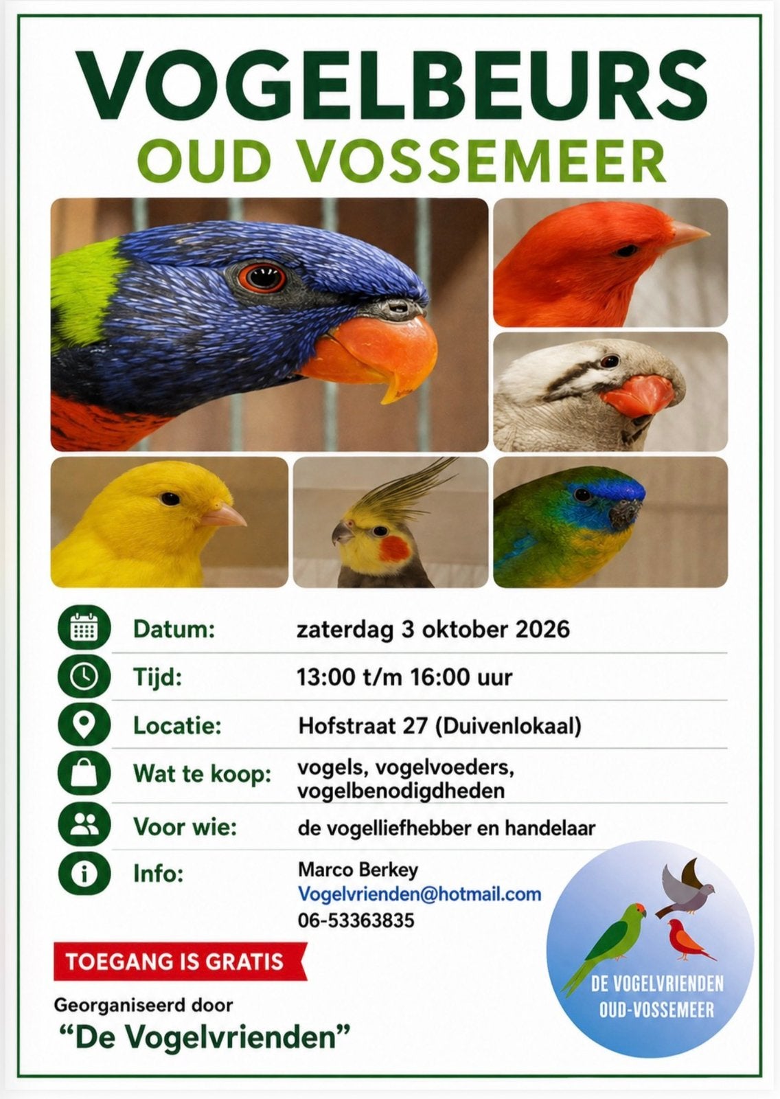 Vogelbeurs oud vossemeer 3 oktober, Tropenvogel, Tam