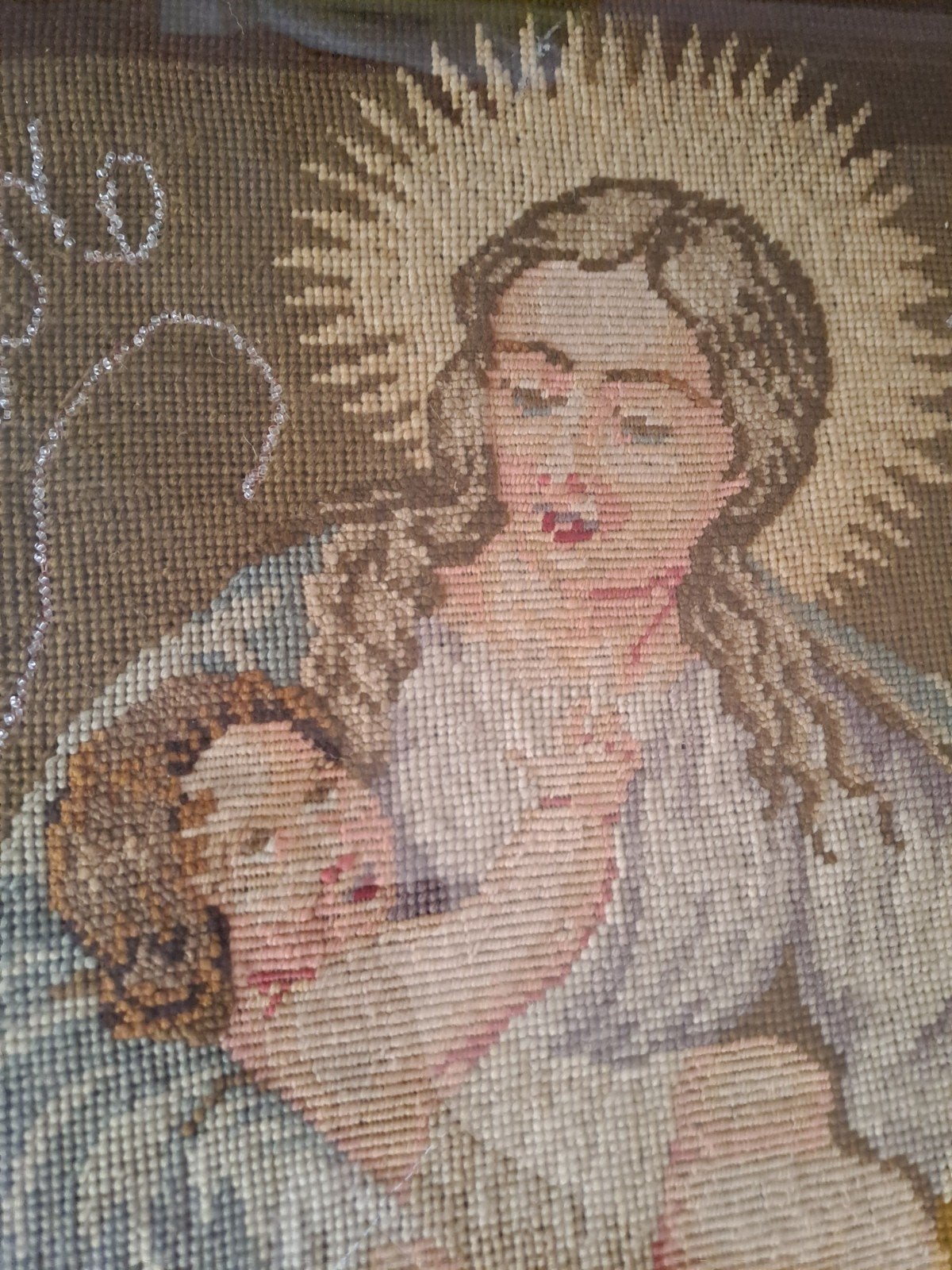 Antiek Borduurwerk Maria met Kind in Lijst, Verzenden