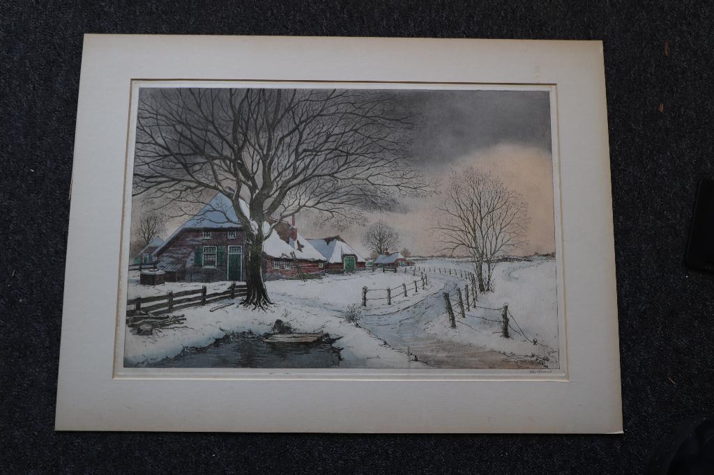 A. Hemert (1883 -1944) grote kleuren Ets winter in Waterland, Antiek en Kunst, Kunst | Schilderijen | Klassiek, Ophalen of Verzenden