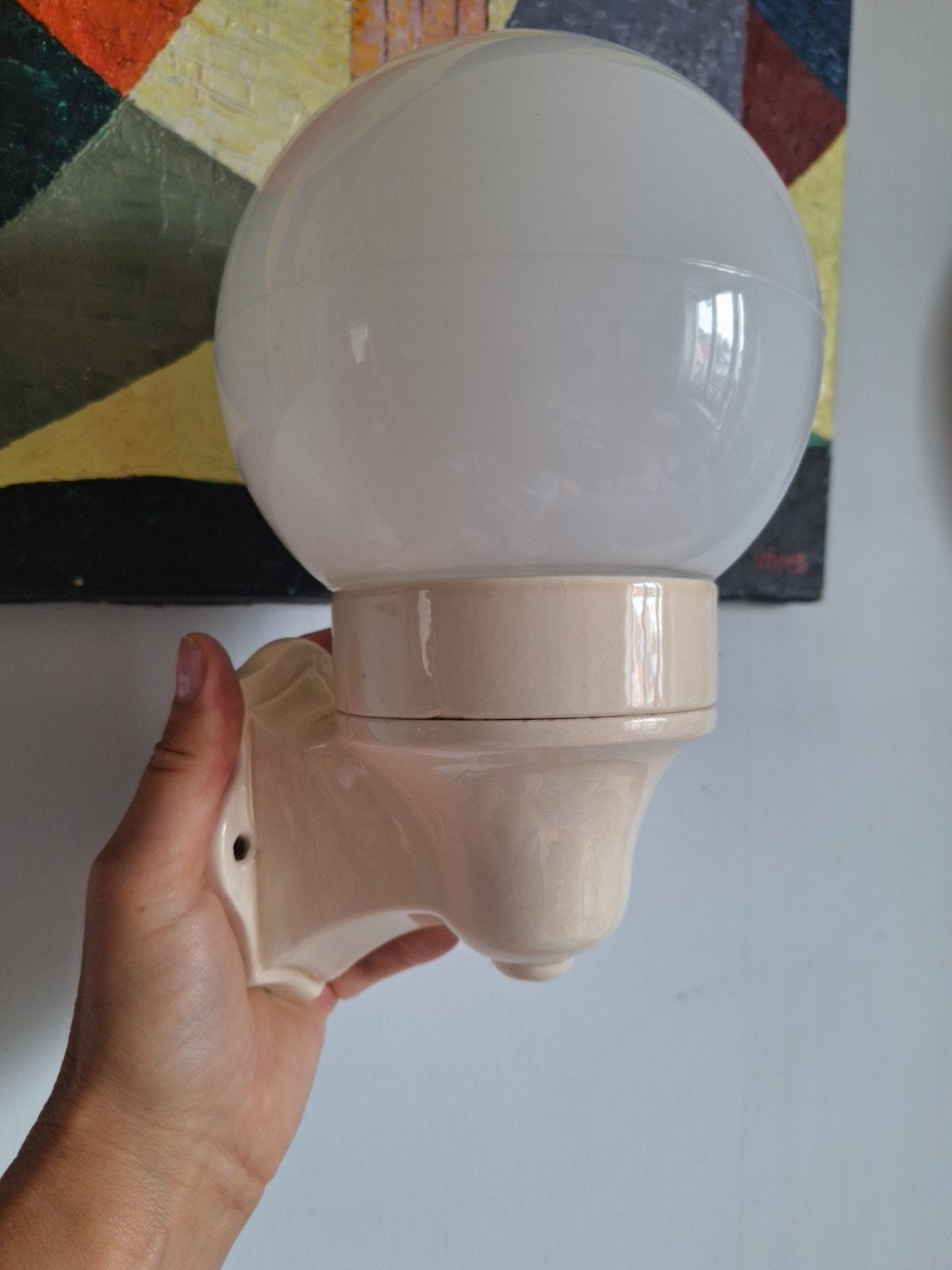 Antieke porseleinen wandlamp met bollamp - Jaren '30, Ophalen of Verzenden