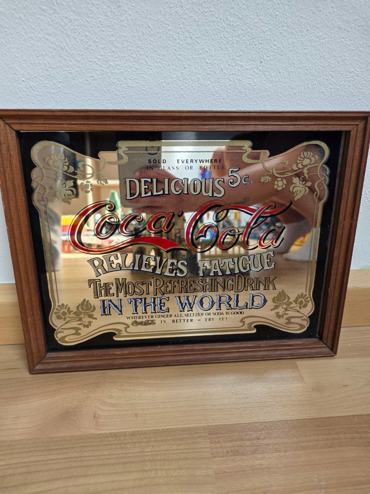 Vintage Coca Cola Reclamespiegel | Houten Frame, Ophalen of Verzenden, Rechthoekig, Minder dan 50 cm
