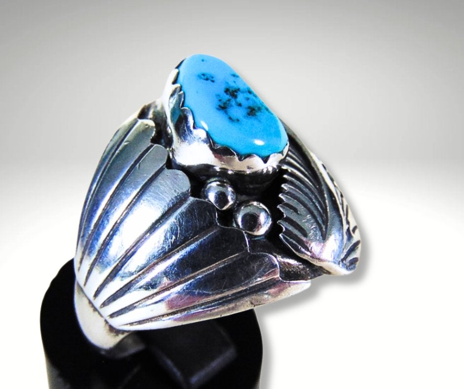 Grote NAVAJO zilver turquoise prayer fan ring M22/22,5!, 20 of groter, Verzenden, Heer, Zo goed als nieuw
