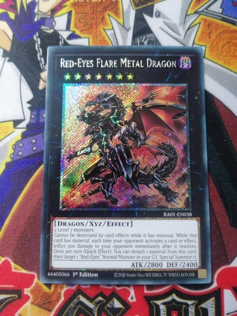 Red-Eyes Flare Metal Dragon - Platinum Secret Rare RA01 YGO, Ophalen of Verzenden, Zo goed als nieuw, Foil