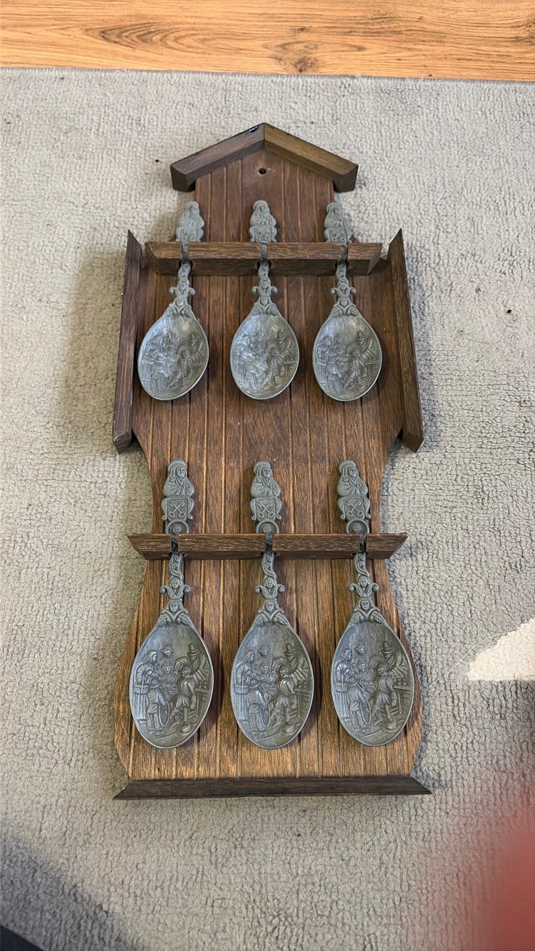 Vintage wandrek met 6 tinnen lepels, Ophalen of Verzenden