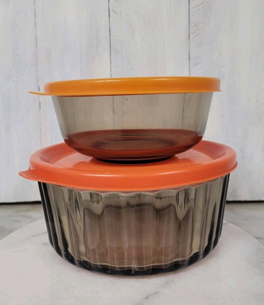 Vintage Arcopal rookglazen potten met oranje deksel, Ophalen of Verzenden, Huis en Inrichting