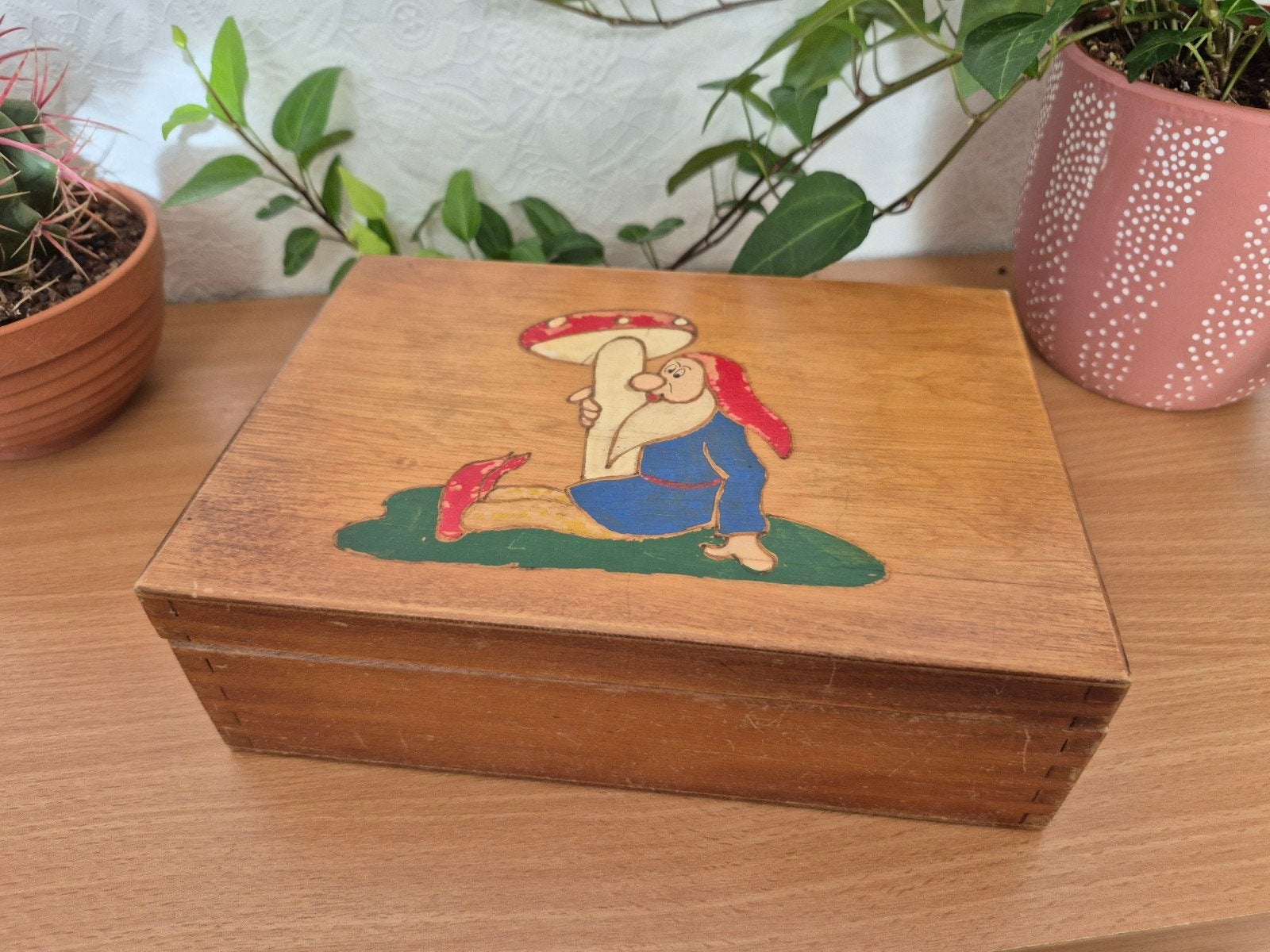Vintage houten doosje met kabouter decoratie, Ophalen of Verzenden