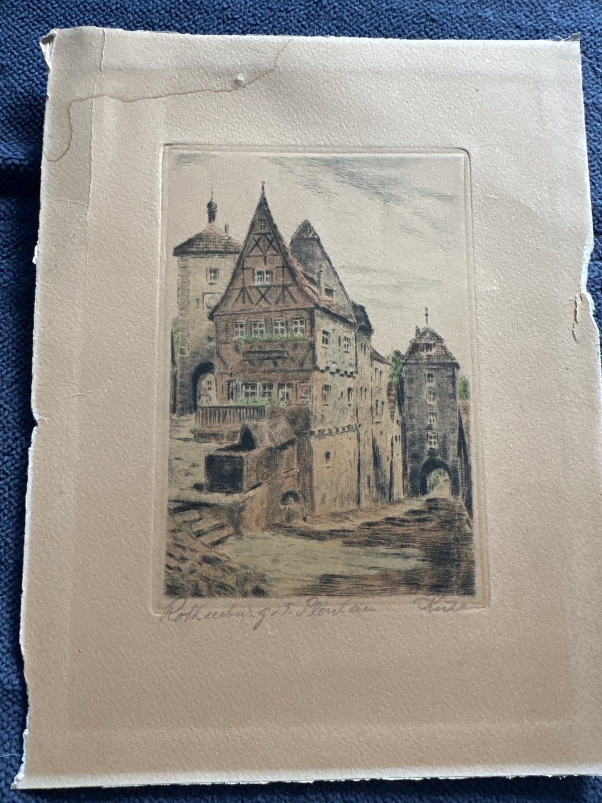 Rothenburg ob der Tauber, handgekleurde ets 15,00, Ets, Stadsgezicht, Ophalen of Verzenden, Gesigneerd