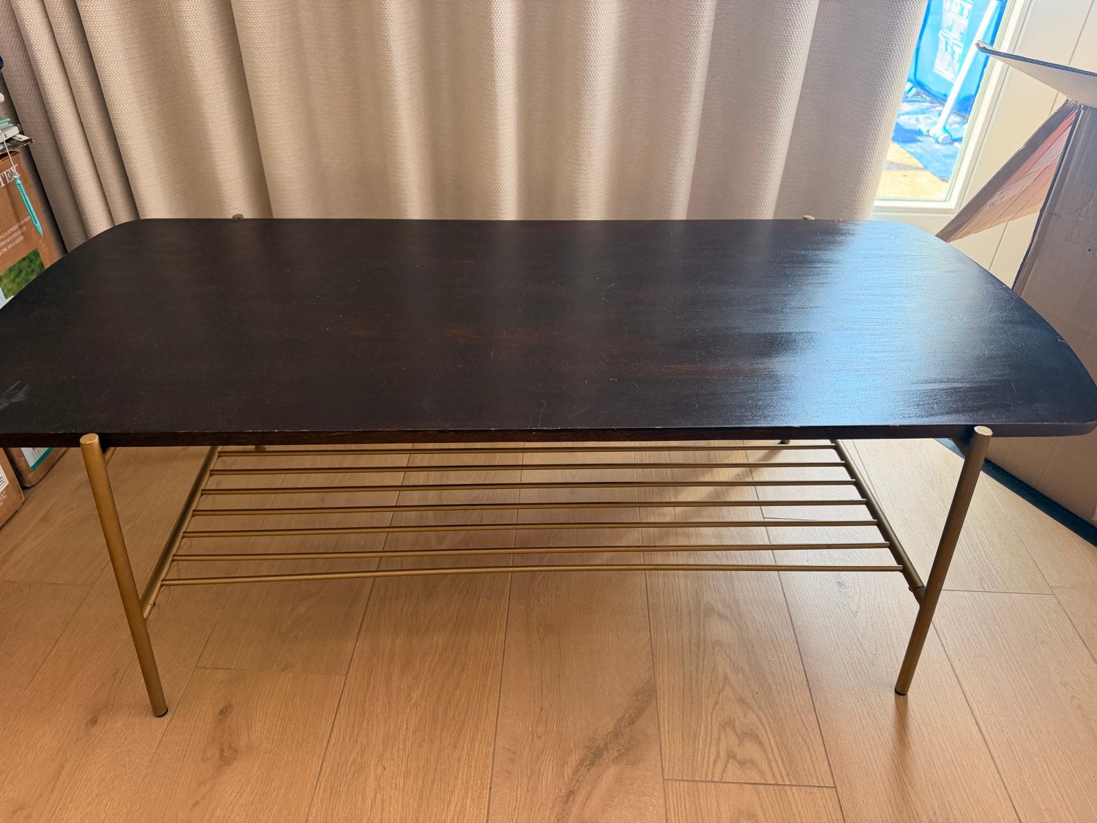 Made salontafel met gouden onderstel, Huis en Inrichting, Bureaus, Ophalen, Gebruikt, 50 cm, 120 cm