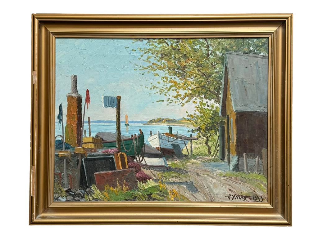 Holger Ytting Havengezicht met boten, 1944 ww2 inscriptie, Antiek en Kunst, Kunst | Schilderijen | Klassiek, Verzenden