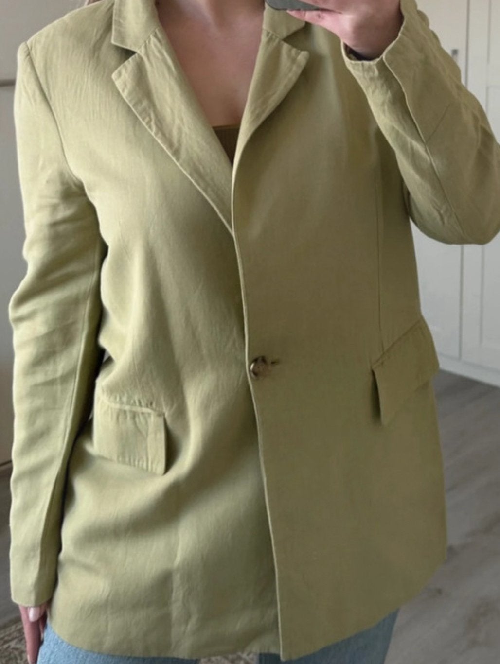 Zara olijfgroene blazer linnen one breasted met zakken, Ophalen of Verzenden, Zo goed als nieuw, Jasje, Maat 36 (S)