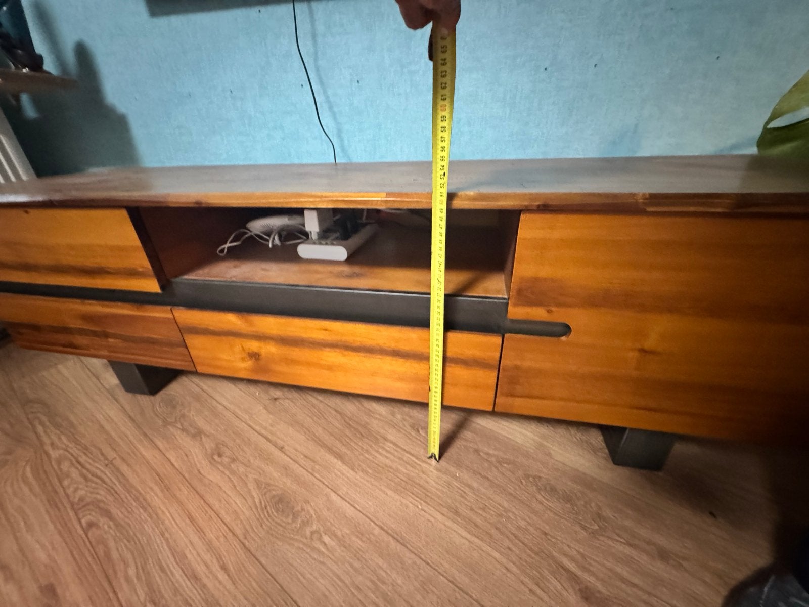 Genesis TV cabinet 160 cm, solid acacia wood, steel legs, Ophalen, Gebruikt, 150 tot 200 cm, Minder dan 100 cm