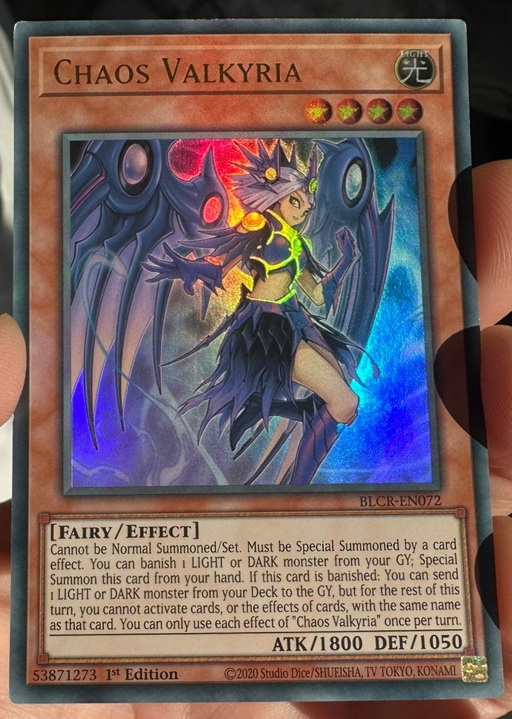 Yu-Gi-Oh! Chaos Valkyria BLCR 1st Edition !, Ophalen of Verzenden, Zo goed als nieuw, Losse kaart, Foil