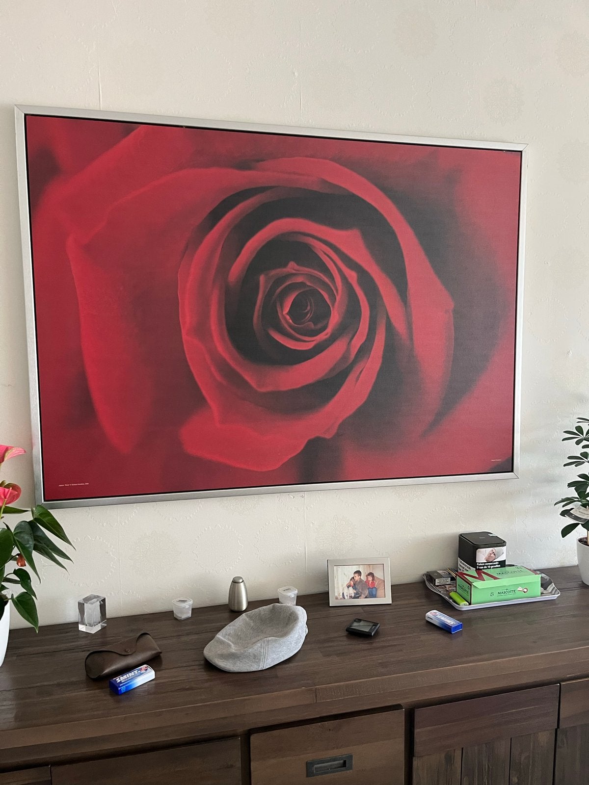 Groot Schilderij Rode Roos - 160x120 cm, Ophalen, Textiel, Op houten frame, Bloemen