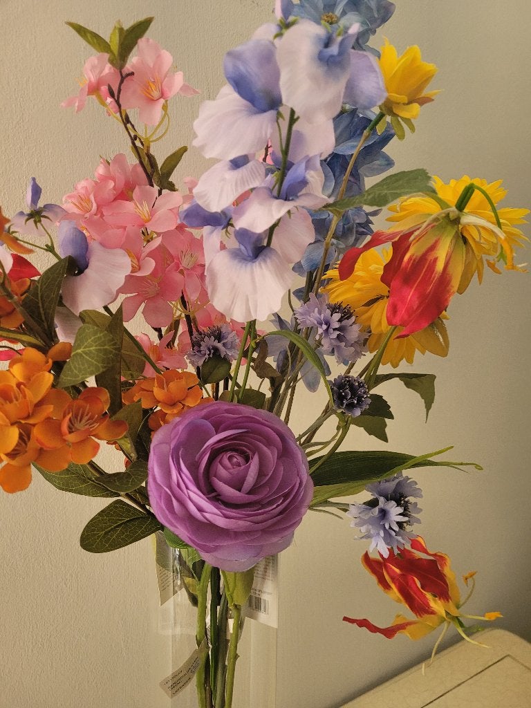 Veldboeket kunst bloemen in vaas, 100 cm, Belle Vieille Brocante, Ophalen of Verzenden, Jolandamonsieurs@gmail.com