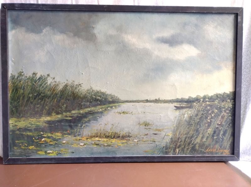 Groot schilderij Moeras, riet, roeiboot, 48 x 73 cm, Antiek en Kunst, Kunst | Schilderijen | Klassiek, Ophalen of Verzenden, Impressionistisch