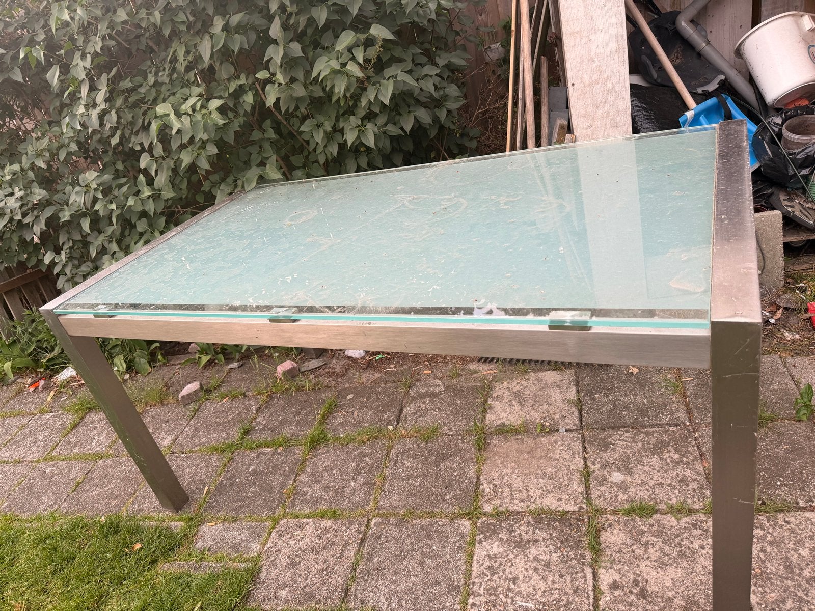 Glazen tafel met metalen onderstel 90x150 cm, Ophalen, Gebruikt, 100 tot 150 cm, 50 tot 100 cm