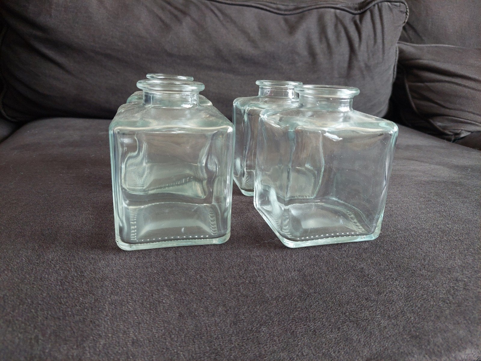 Set van 4 vierkante glazen flesjes/vaasjes, Overige kleuren, Ophalen of Verzenden, Minder dan 50 cm, Glas