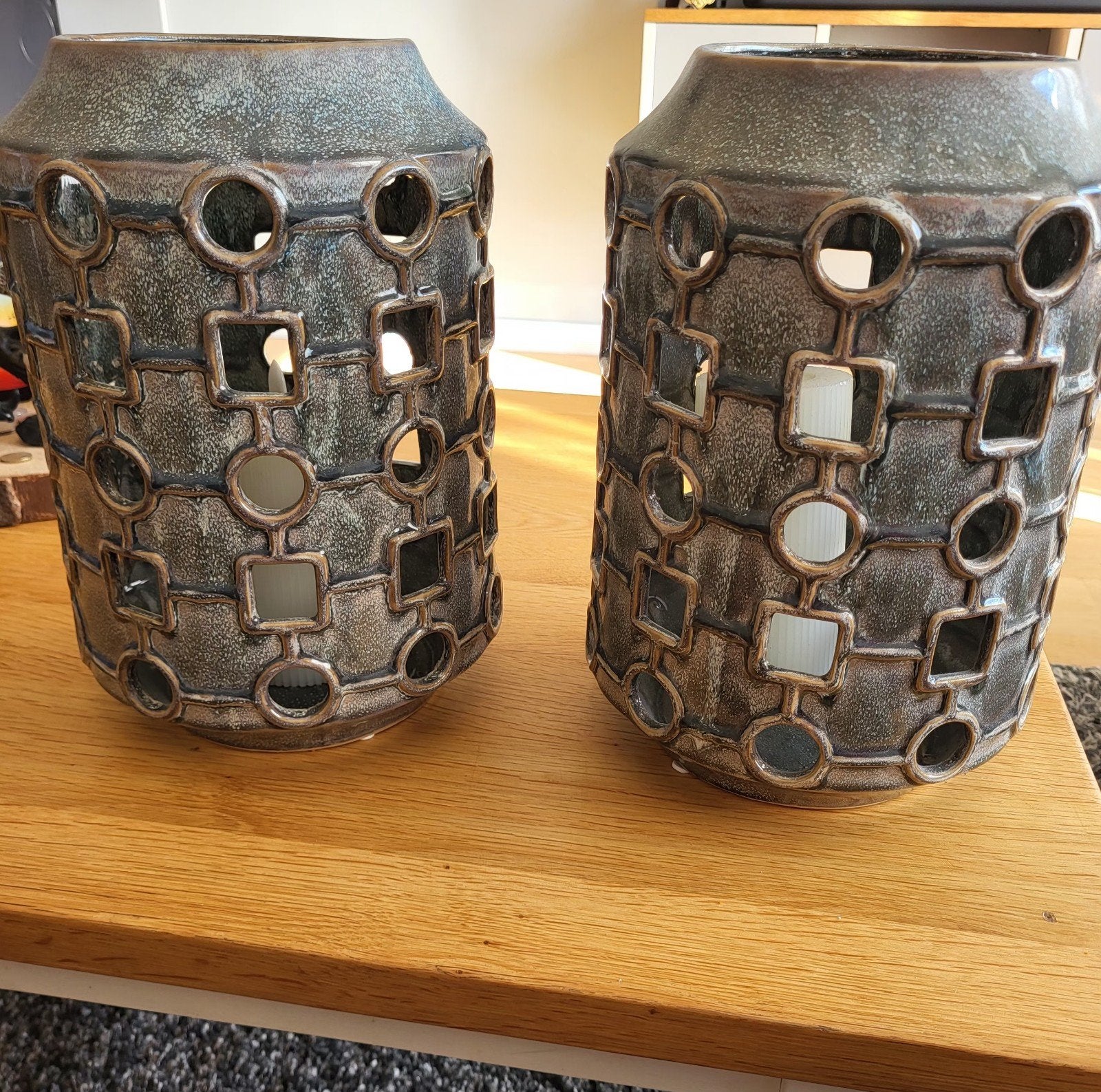 Set van 2 Lifestyle vazen/windlichten met patroon, Met patroon/structuur, Ophalen of Verzenden, Zo goed als nieuw, Grijs