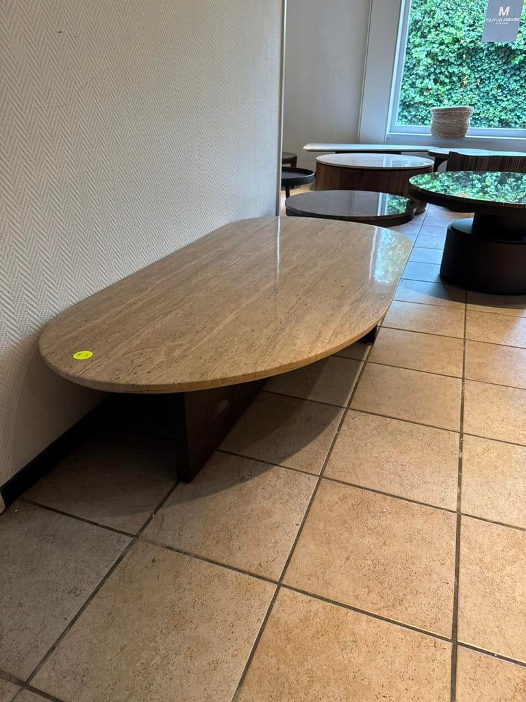 Salontafel travertin donkerbruin houten onderstel, Huis en Inrichting, Tafels | Salontafels, Ophalen, Japandi, Overige materialen