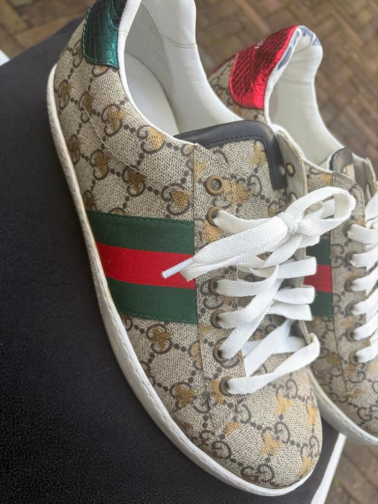 Gucci Ace Sneakers met GG-patroon en Webstreep, Ophalen of Verzenden, Zo goed als nieuw, Beige, Sneakers of Gympen