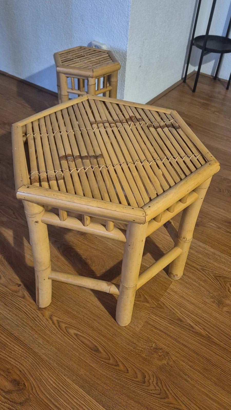 Set van 2 bamboe bijzettafels - zeshoekig, Ophalen, Minder dan 55 cm, Gebruikt, Bohemien, Natuurlijk
