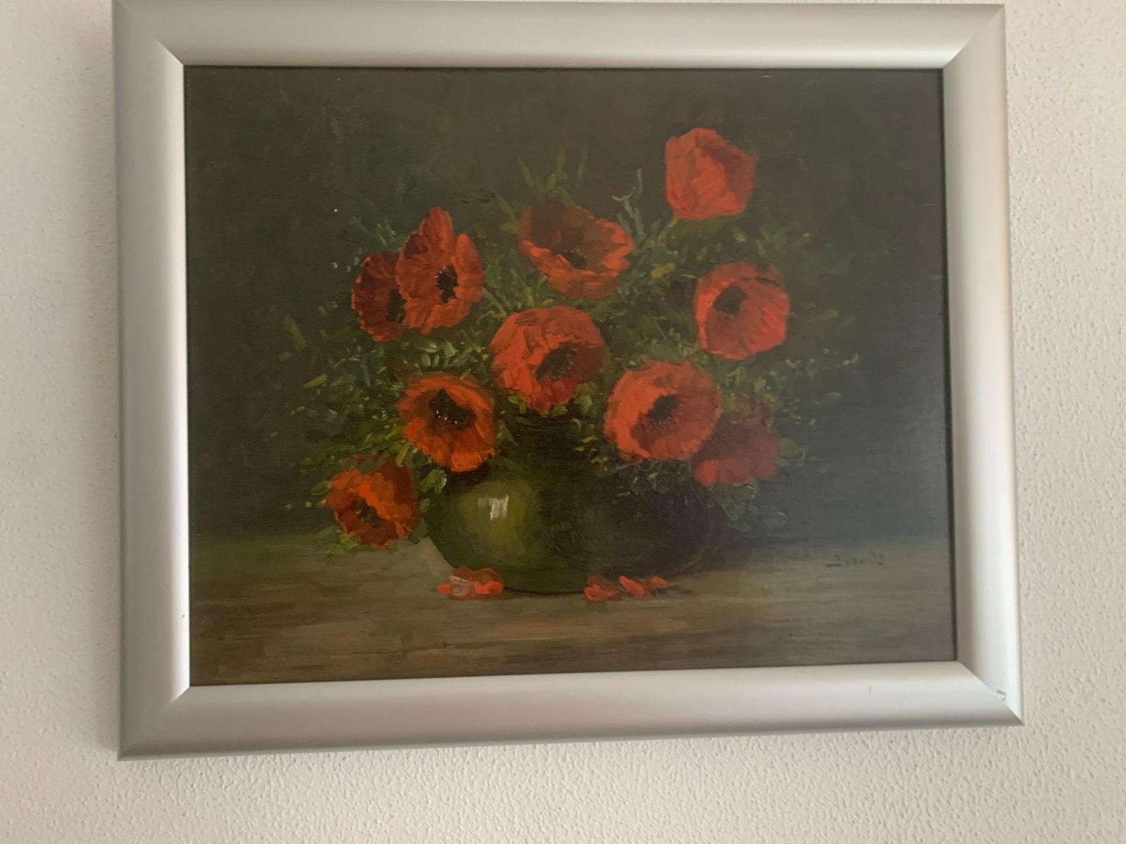 Schilderij klaprozen op hout, gesigneerd J. van Os, Antiek en Kunst, Paneel, Realistisch, Gesigneerd, Olieverf