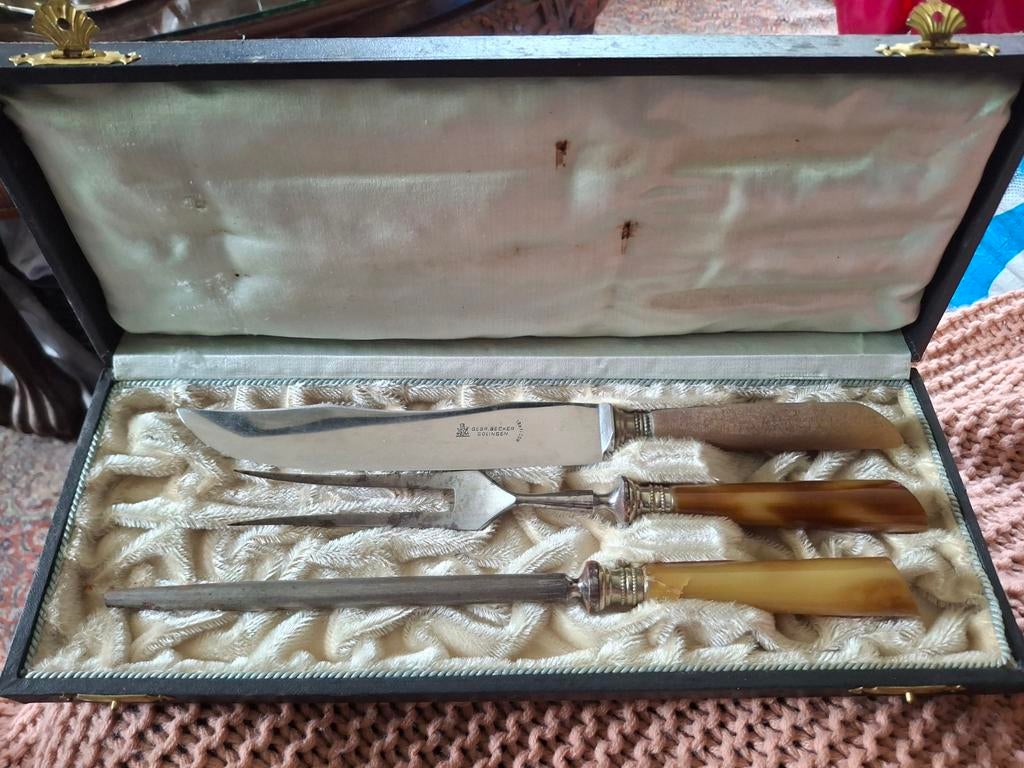 Antiek vleesbestek set in originele doos, Antiek en Kunst, Antiek | Bestek, Ophalen of Verzenden