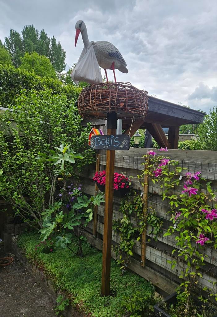 Geboorte Ooievaar met Nest en Paal, Ophalen of Verzenden