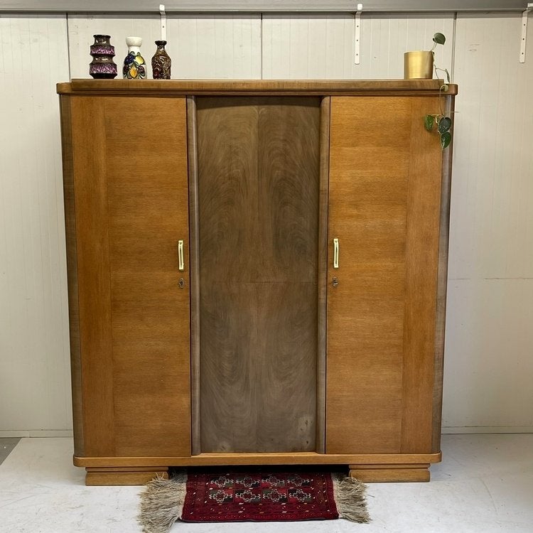 Prachtige antieke vintage Art Deco 3deurs kledingkast linnen, Ophalen, Met plank(en), 150 tot 200 cm, Onbekend