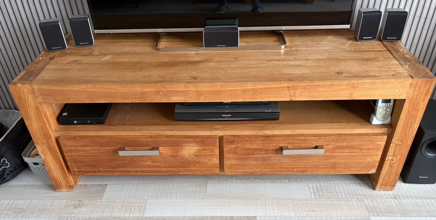 Teak houten tv meubel, Huis en Inrichting, Kasten | Televisiemeubels, Ophalen, 150 tot 200 cm, Teakhout, Zo goed als nieuw