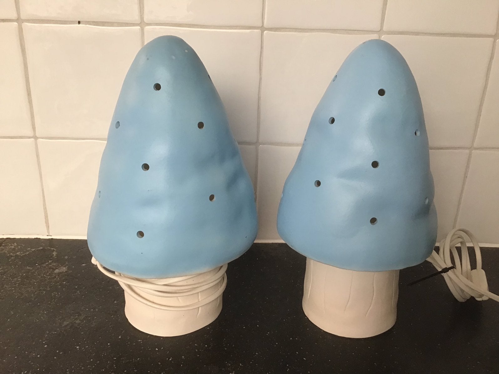 2 x vintage Heico blauwe paddenstoel lamp. West Germany., Huis en Inrichting, Lampen | Tafellampen, Ophalen of Verzenden, Zo goed als nieuw