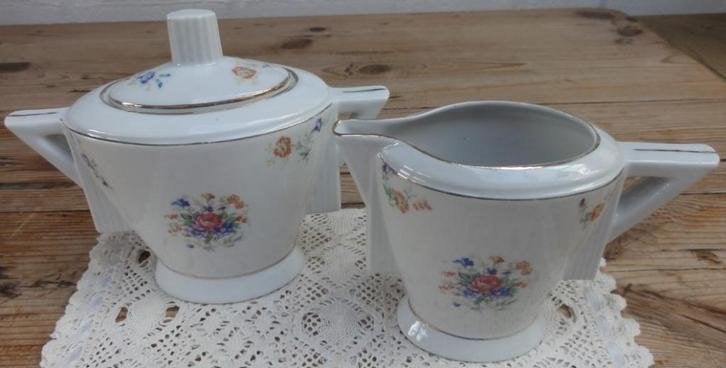 Frans Art Deco porseleinen roomstel met bloemetjes, Gebruikt, -, -, Overige typen
