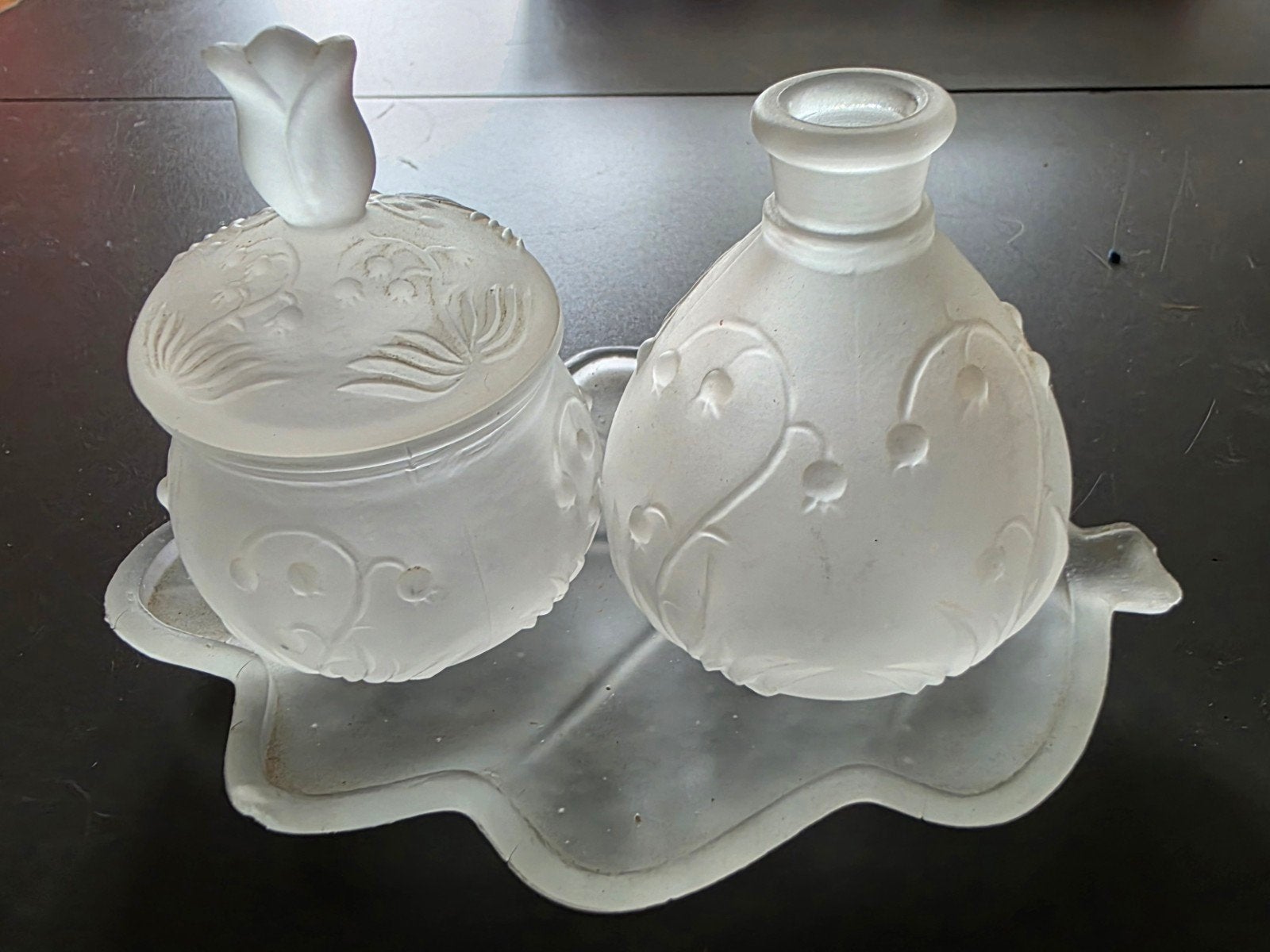 frosted glas potje vaasje schaaltje vintage 3delig puntgaaf, Ophalen of Verzenden