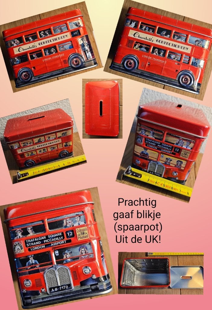 Spaarpot Churchill's dubbeldekker London gave retro vintage!, Verzamelen, Ophalen of Verzenden, Zo goed als nieuw, Metaal of Blik