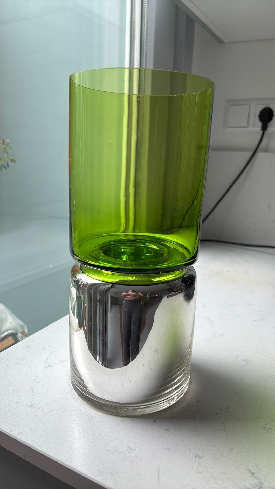 Groen glazen windlicht met zilverkleurige voet Pols Potten, Ophalen, Windlicht, Gebruikt, Glas