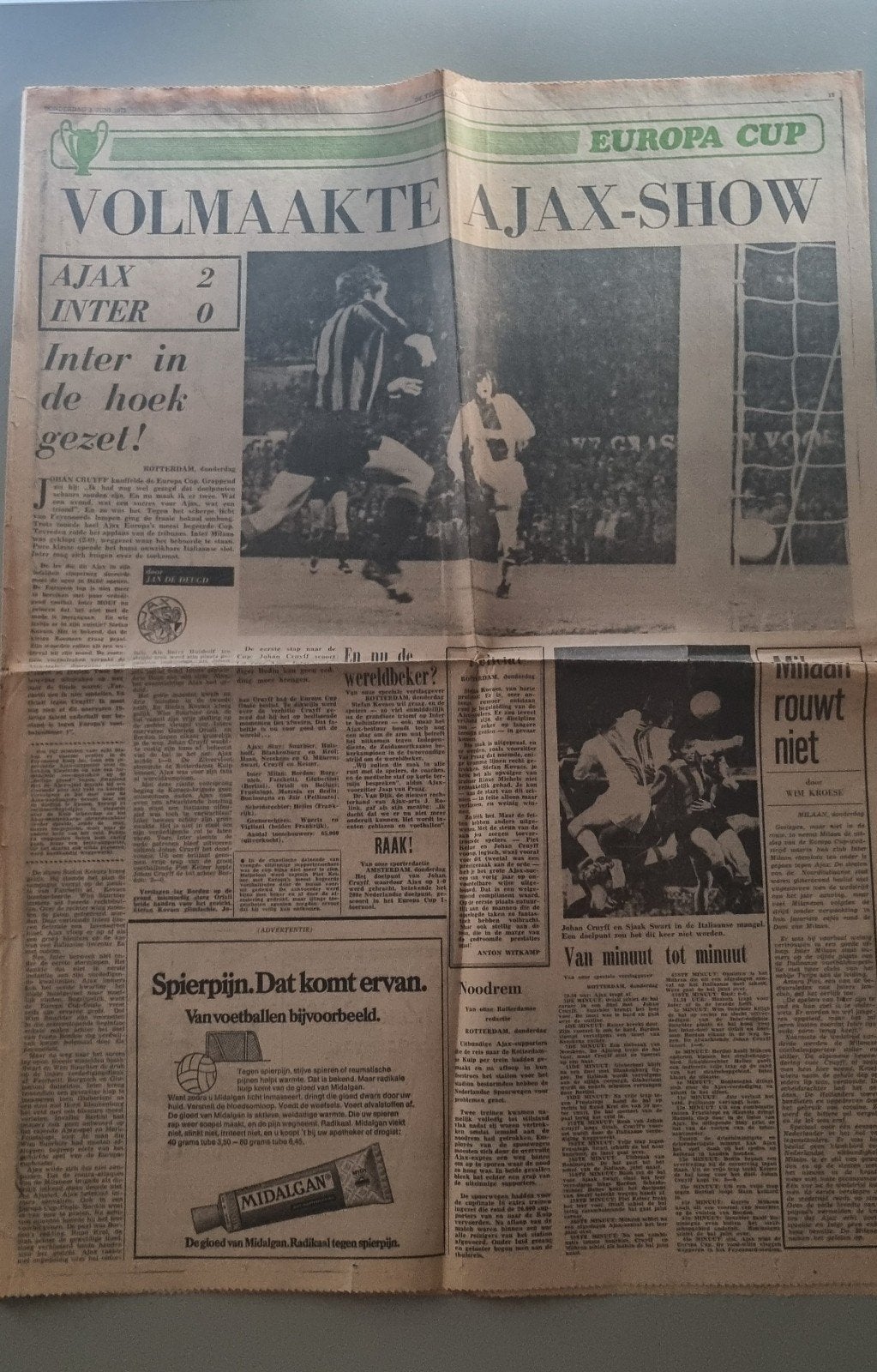 Krantenpagina Ajax - Inter (Europa Cup 1972), Verzamelen, Ophalen of Verzenden, Gebruikt, Ajax, Overige typen
