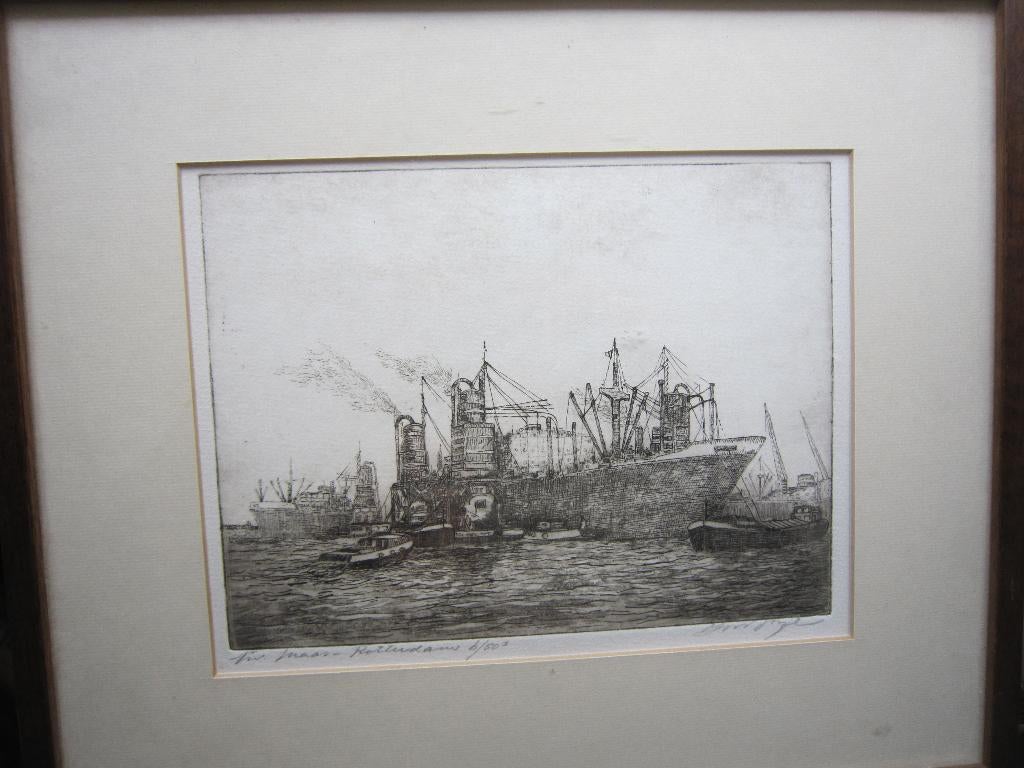 MOOIE ETS SCHEPEN OP DE MAAS, VAN HW BIJL, Antiek en Kunst, Kunst | Etsen en Gravures, Ophalen, Dagelijks leven, Ets