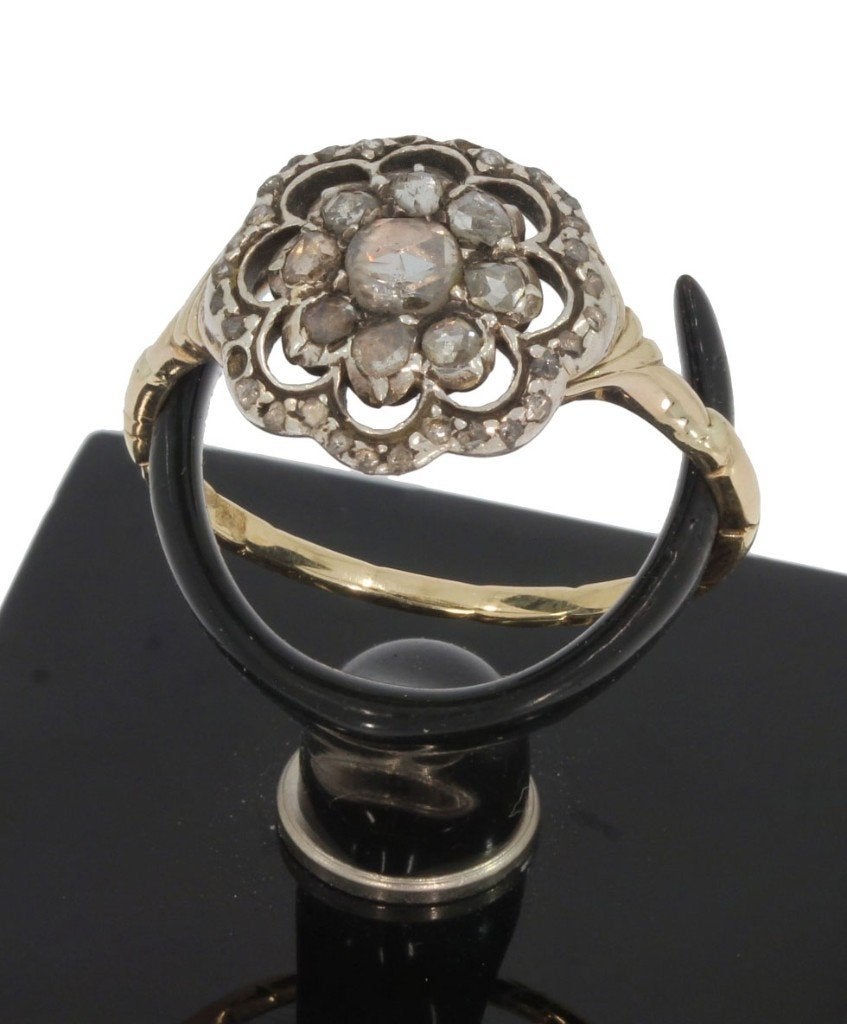 Roos diamanten antieke 14k gouden rozet ring dames zilver, Verzenden, Goud, Ring, Met edelsteen