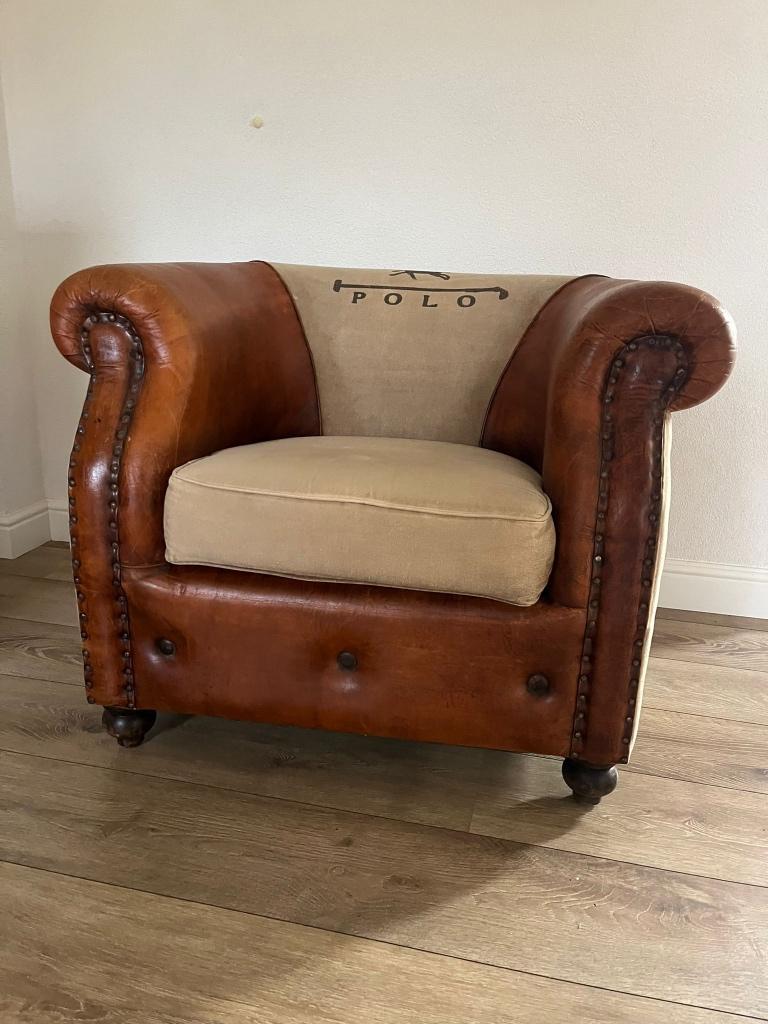 Fauteuil polo Leder stof chesterfield, Ophalen, Gebruikt, 75 tot 100 cm, Leer
