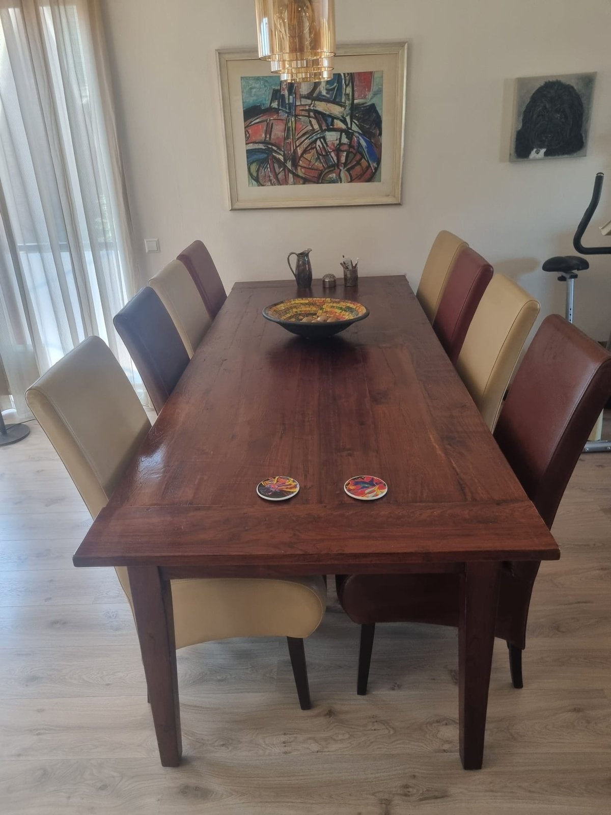 Massief teakhout koloniale eettafel met 8  lederen stoelen, Ophalen, 100 tot 150 cm, Koloniaal, Teakhout