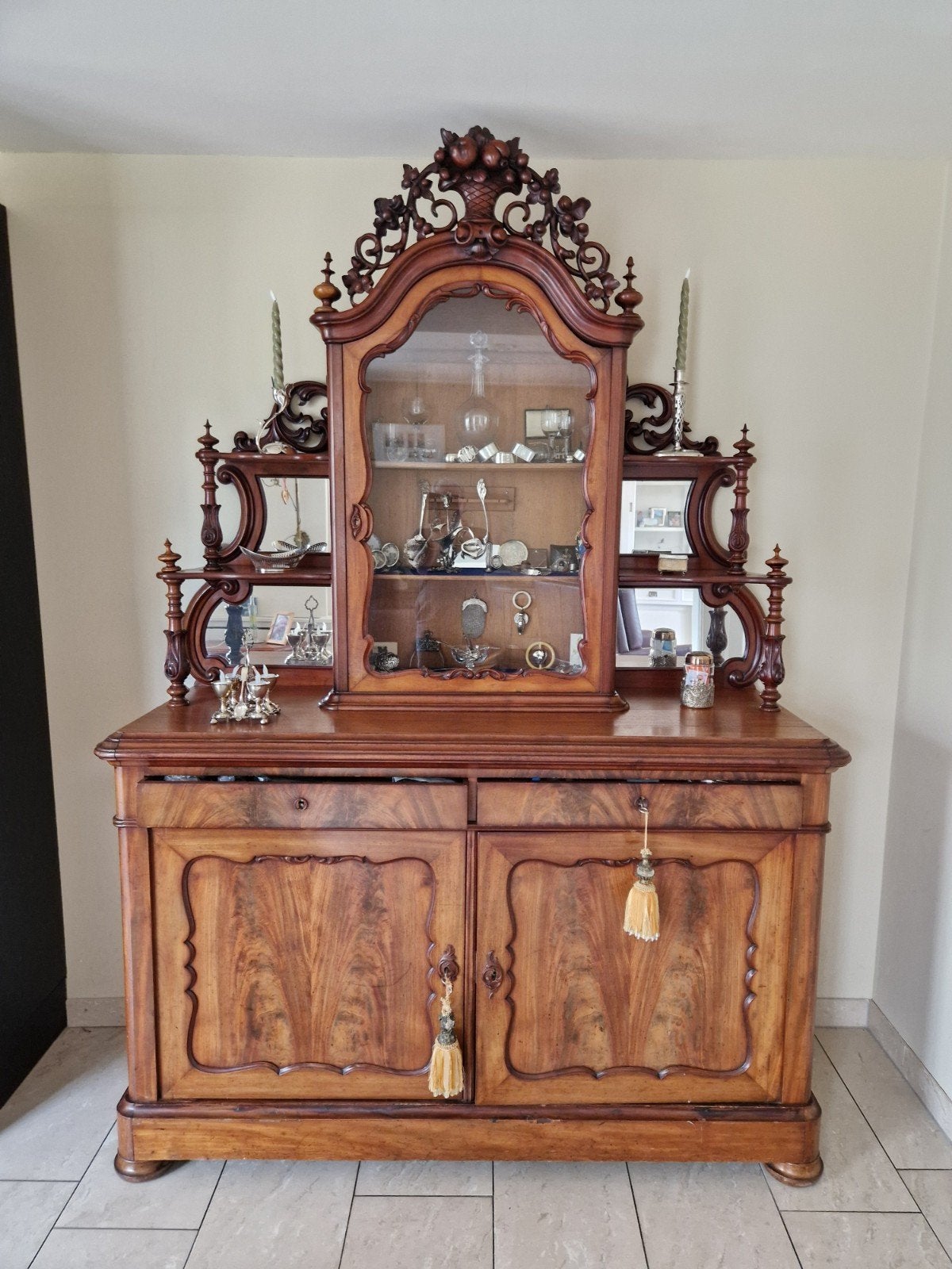 Antieke Mahonie Kast met Vitrine en Lades, Ophalen of Verzenden
