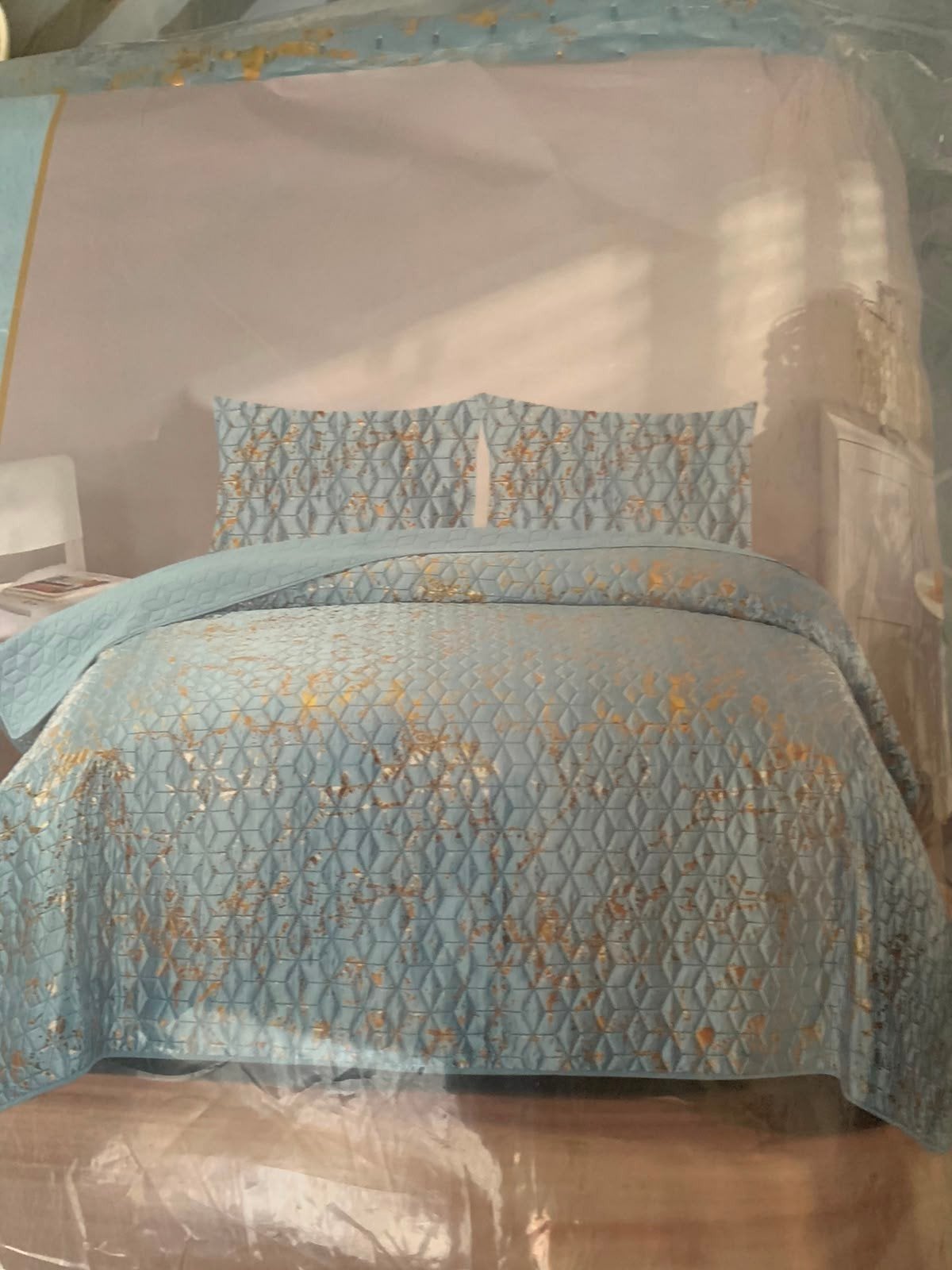 Lichtgroen tweepersoons dekbed met beige sprei, Ophalen, Gebruikt, Tweepersoons, Deken of Dekbed